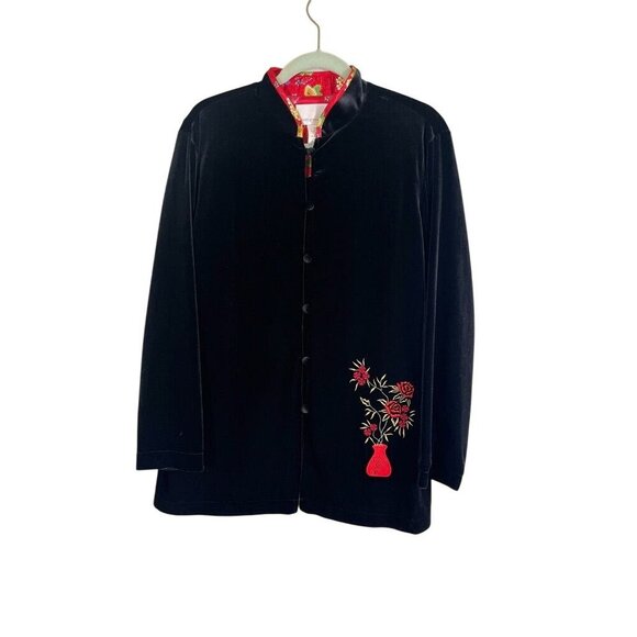 Susan Graver Velvet Floral Jacket M Black Asian Embroidered Retro Boho Colorful - Picture 1 of 14